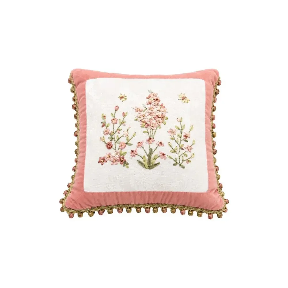 Botanical Embroidered Accent Pillow Pink Velvet Tassel Fringe